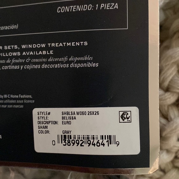 Waterford Linen Belissa Euro Sham, Grey & White, 26”x 26”, 100% Polyester NEW - Picture 7 of 8